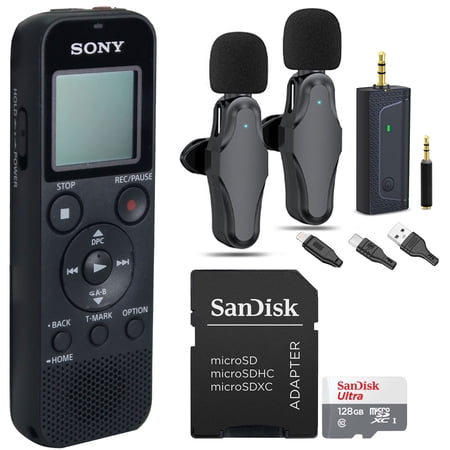 Sony ICD-PX370 Digital Voice Recorder with Wireless Lavalier Microphone Set and 128GB microSDHC Card