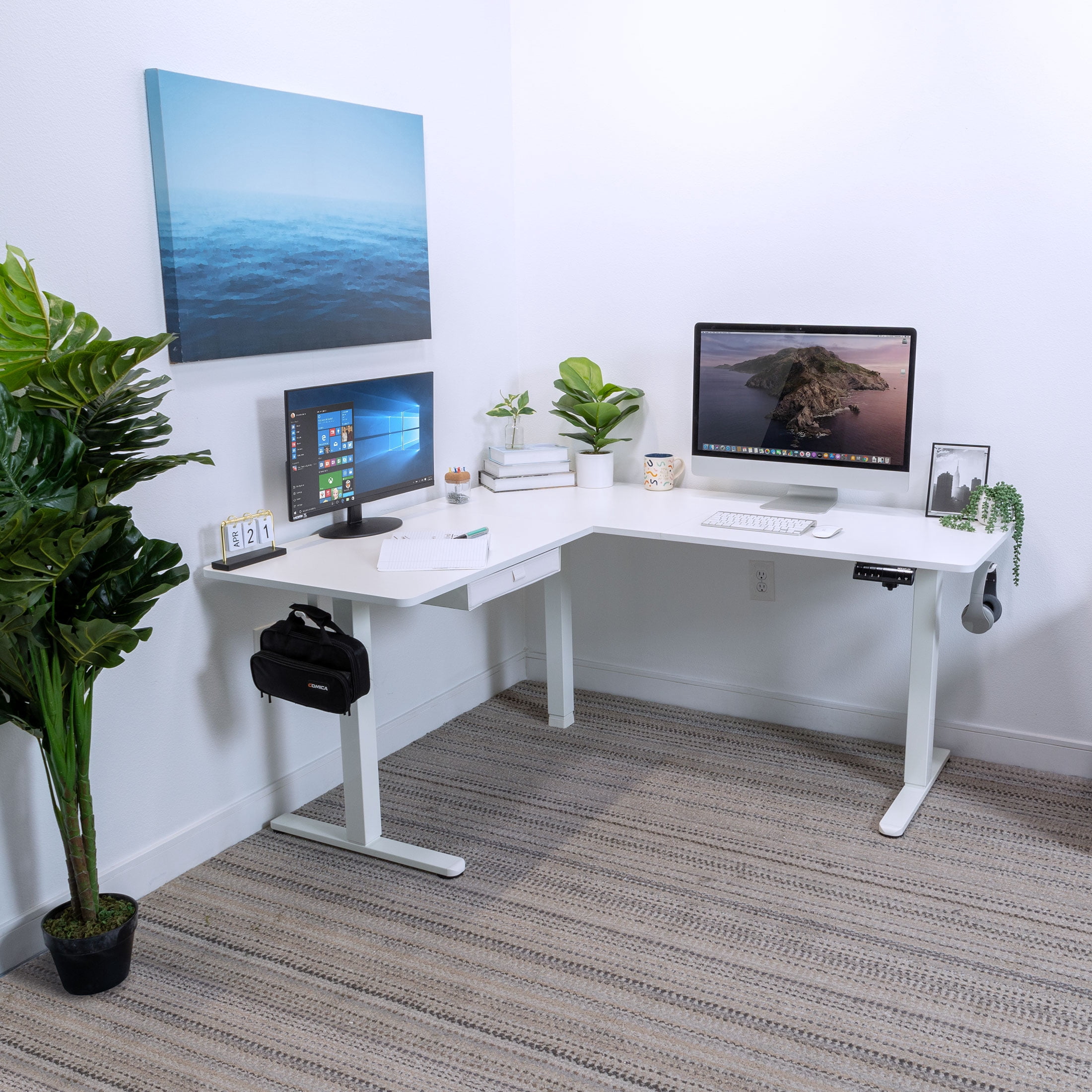 Mount-It! Large Electric Height Adjustable Desk for Corners, Automatic Standing Desk with Smooth Ergonomic Height Adjustment