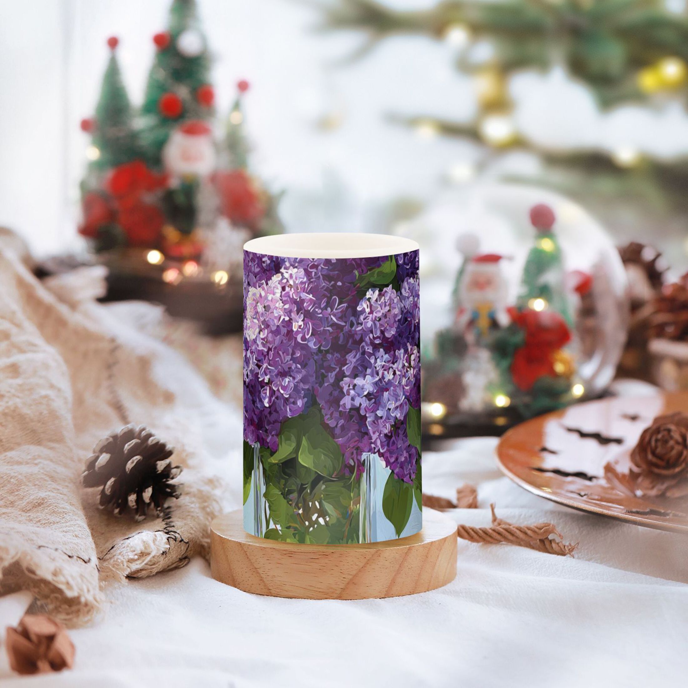 Large Bouquet Of Lilac in Glass Vase Flickering Flameless Candles Battery Operated with Remote Timer LED Pillar Candles Set of 2