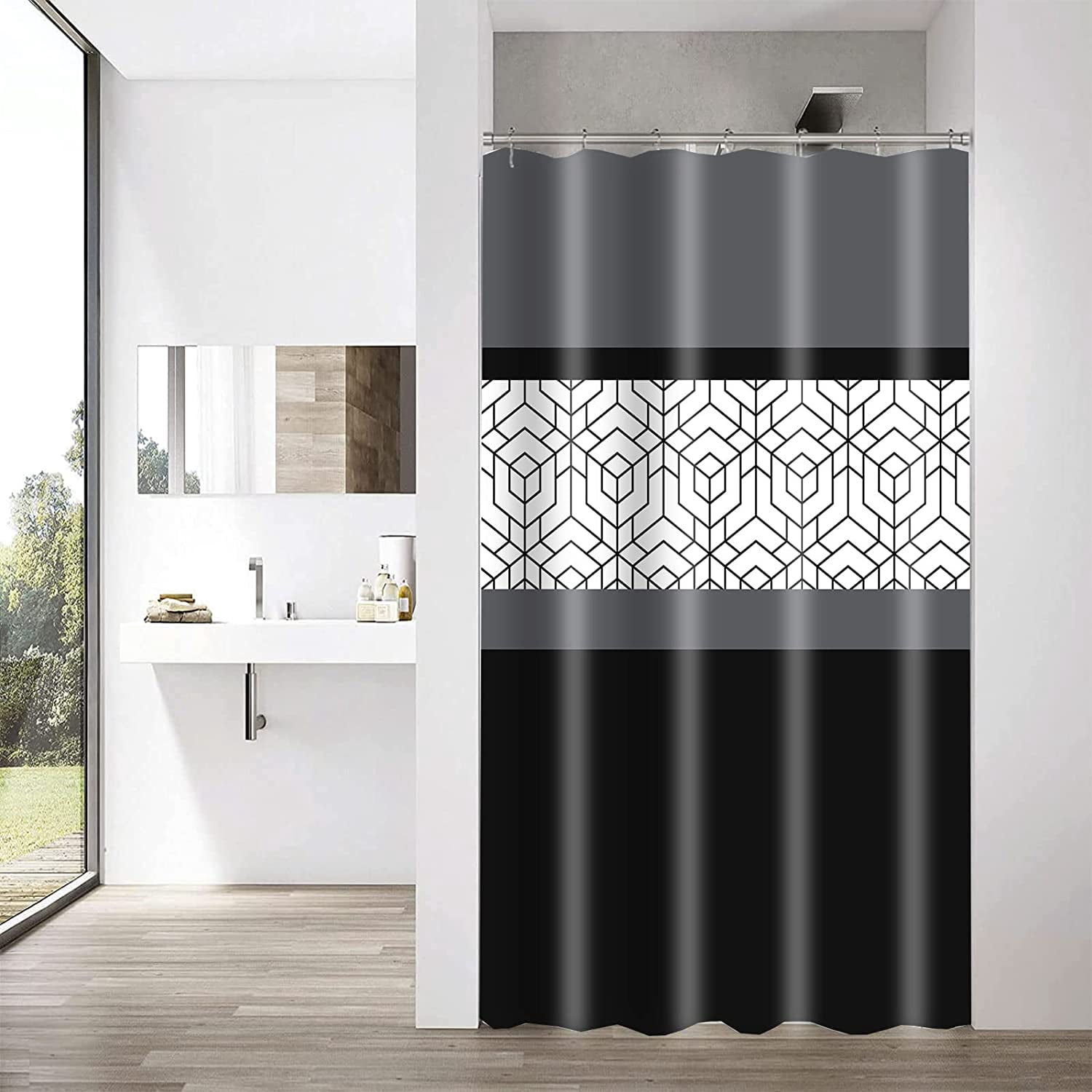 Narrow Size Stall 36"x72" Modern Farmhouse Shower Curtain Set for Bathroom with Hooks Grey Black White Boho Bath Curtain Abstract Plaid Water Repellent Polyester Shower Curtain Trim