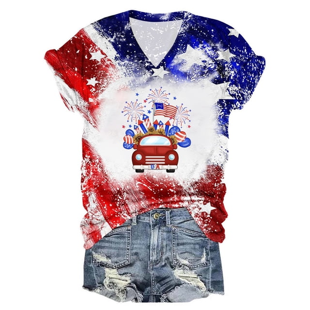 Fiudx Liquidación de Ofertas Flash Camiseta Informal de Manga Corta con Cuello En V y Estampado de Independencia para Mujer