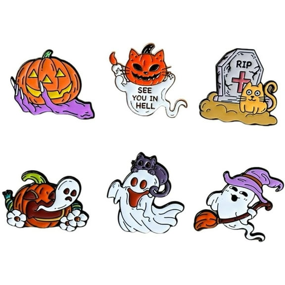 6 Pcs Gothic Pumpkin Ghost Cat Enamel Brooch Pins for Women Horror Dark Halloween Lapel Badge Pins for Backpacks Jacket Hats Accessories