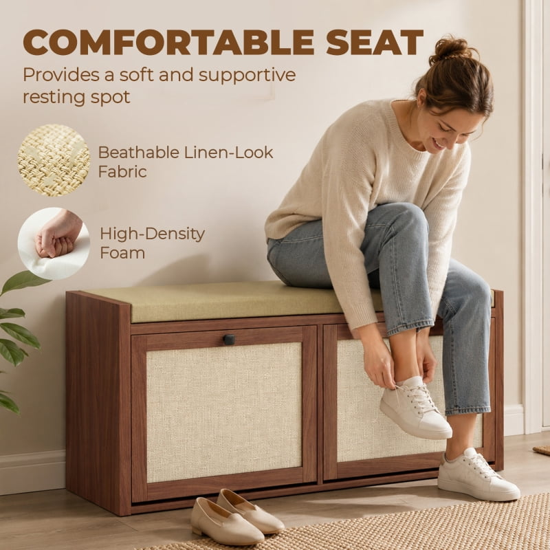 Alvantor Shoe Storage Bench with Rattan Doors & Padded Seat for Entryway 42.5"x13.8"x19.7" Brown