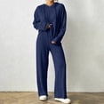 thumbnail image 2 of hoksml Women's Ribbed Knit Hooded Tracksuit 2 Piece Outfit, V Neck Long Sleeve Top and Wide Leg Pants Casual Loungewear Set, 2 of 8