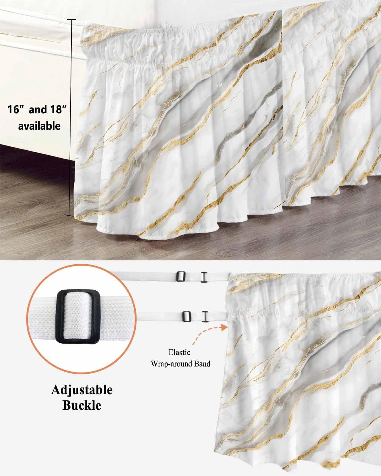 White Marble Wrap Around Bed Skirts for Queen Bed 16" Drop, Bed Skirt with Adjustable Elastic Belt Dust Ruffle Bed Valance for Bedroom Hotel Luxury Abstract Modern Yellow Crack Art Bed Frame Cover