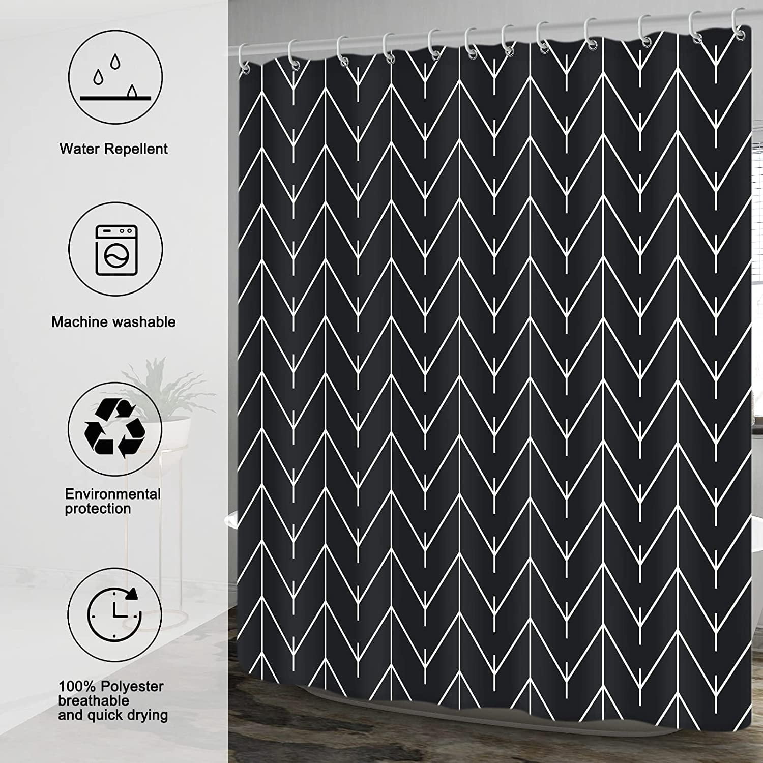 Extra Long Shower Curtain for Bathroom, Modern Black White Herringbone Geometric Striped Decor 84 Inches Long, Waterproof Fabric, Weighted Hem, with 12 Hooks 72 x 84