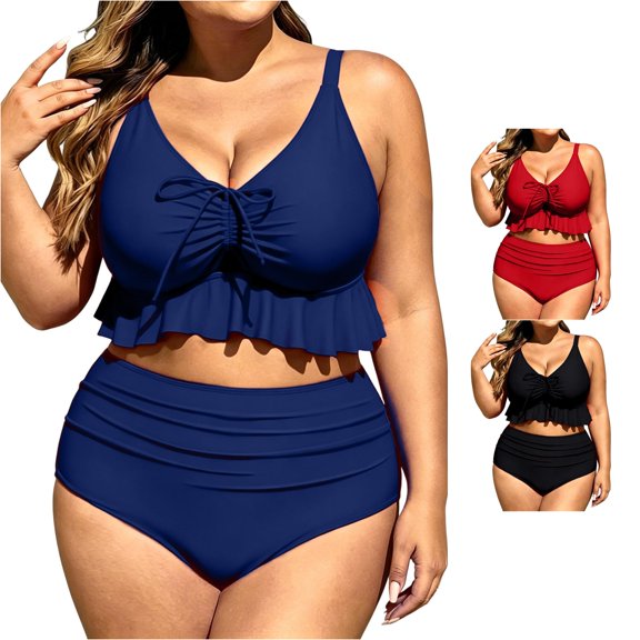 WAYUTE Women's Tankini Swimsuits Plus Size Ruched Tummy Control Ruffle Solid Top and High Waist Bottom Two Piece Bathing Suits Casual Summer Outdoor,Dark Blue,L