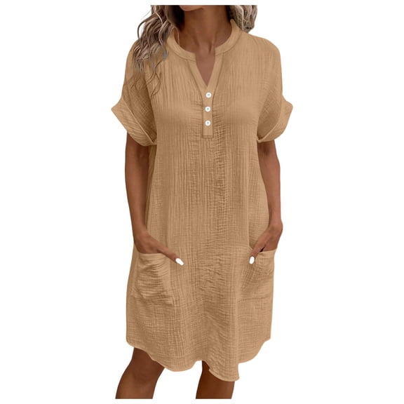 Efsteb Loose Fitting Dress Womens Dresses Cotton Short Sleeve V Neck Button Knee Length Solid Color Casual Clothes with Pocket (Khaki,L)