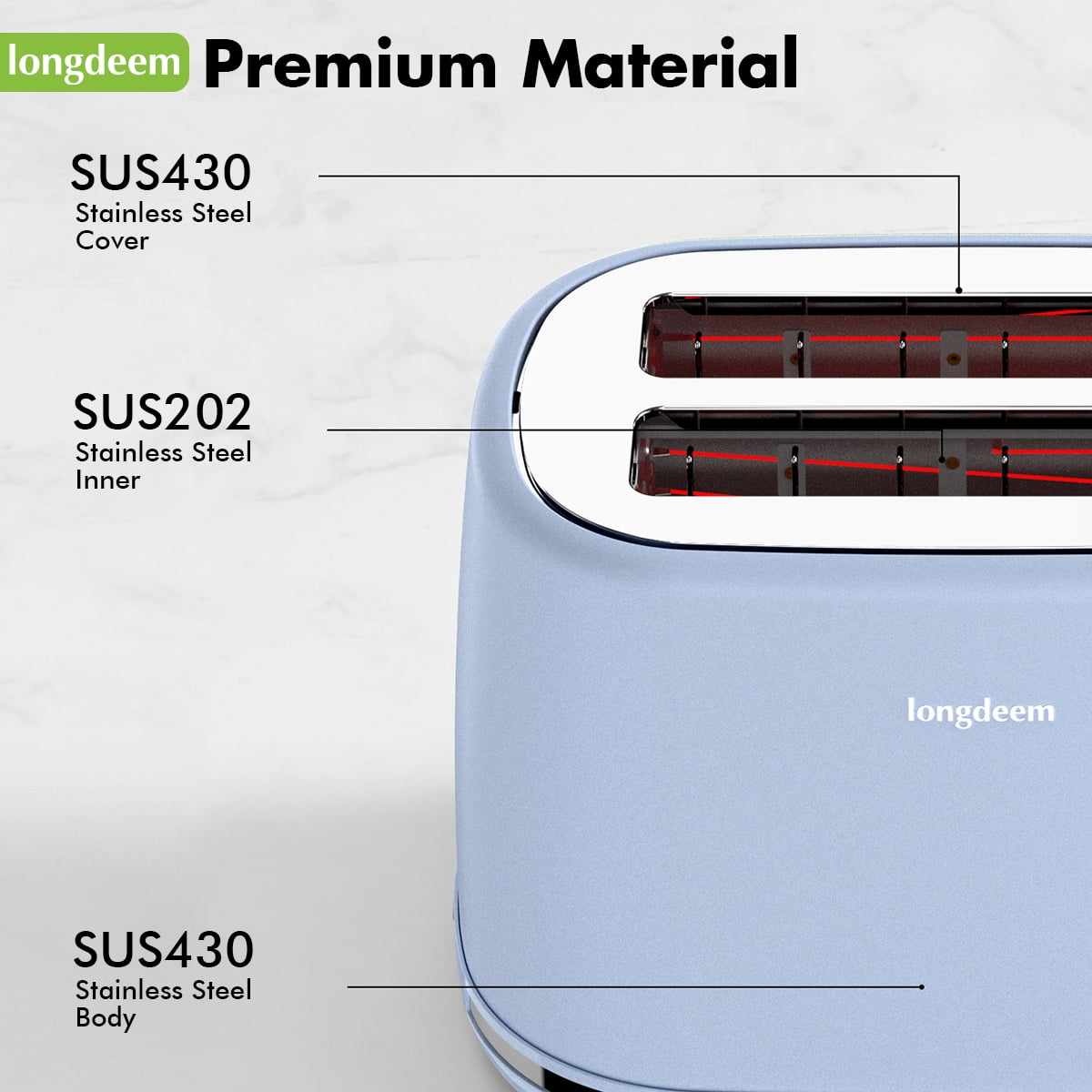 LONGDEEM 2 Slice Toaster - 6 Settings, Extra Wide Slots, High Lift, Auto Shutoff - Blue