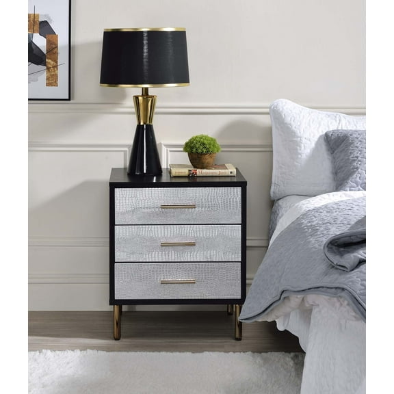 Newboti Furniture 3 Drawers Particleboard Nightstand, Black, Silver and Gold 78461