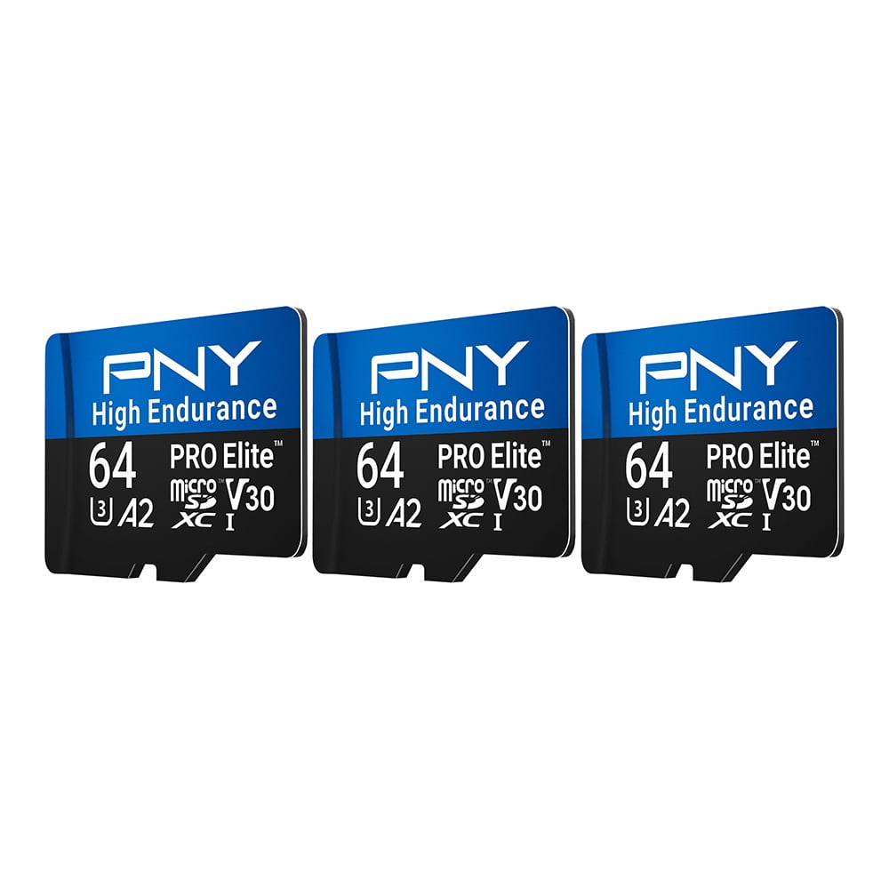 PNY 64GB PRO Elite™ High Endurance C10 U3 V30 A2 microSDXC – Up to 17.2K Continuous Recording Hours, Up to 100MB/s Read, 4K UHD, Full HD, UHS-I, Surveillance, Home Security, Dash Cam, 3-Pack