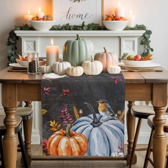 Table Runner Dresser Scarves 70 Inch Long,Thanksgiving Pumpkin Leaves Wheat Linen Dining Table Runners Retro Black Board Tabletop Scarf for Wedding Holiday Party Kitchen