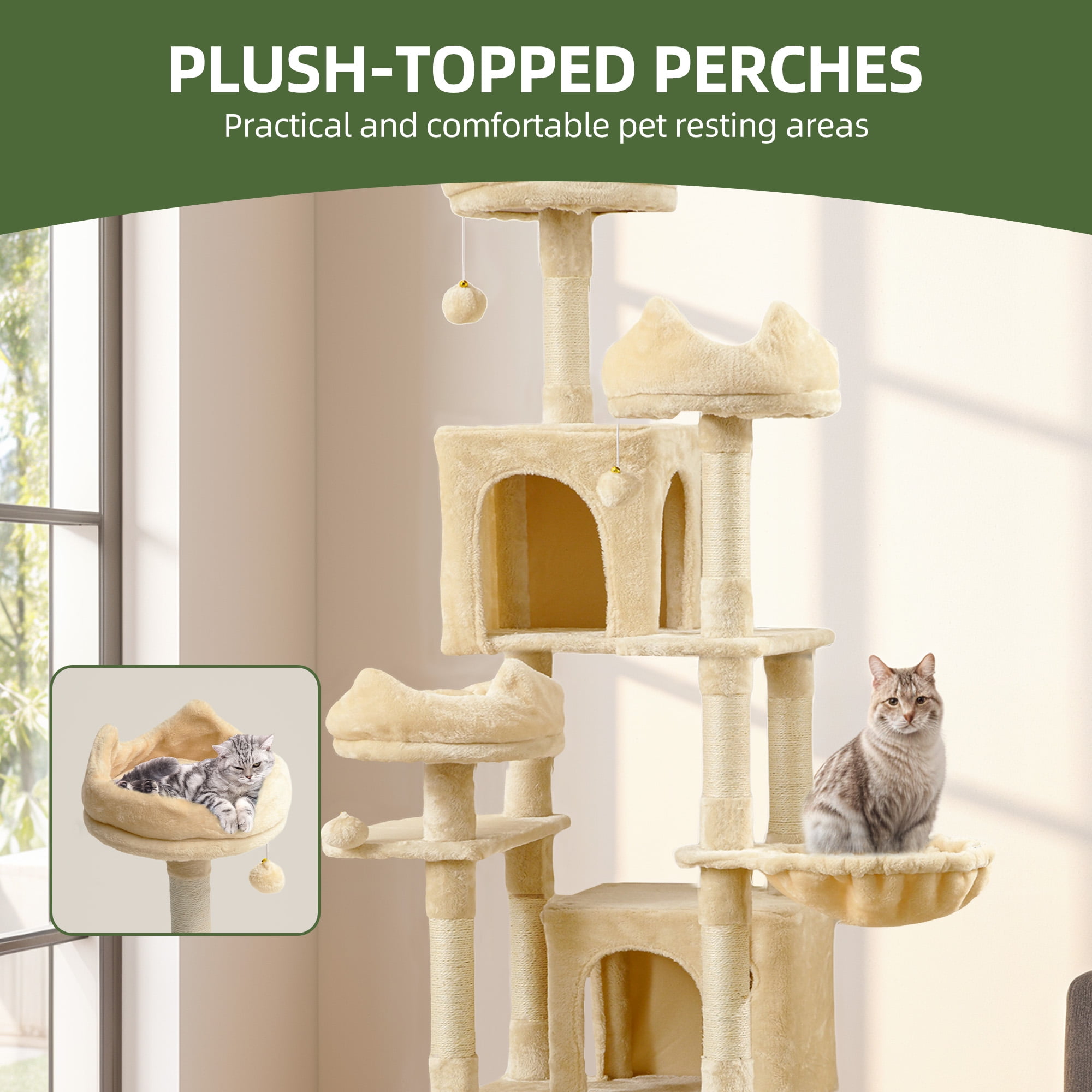 Uforic 75" Tall Cat Tree, Multi-Level Cat Tower with Condos, Hammocks, Scratching Posts, Beige
