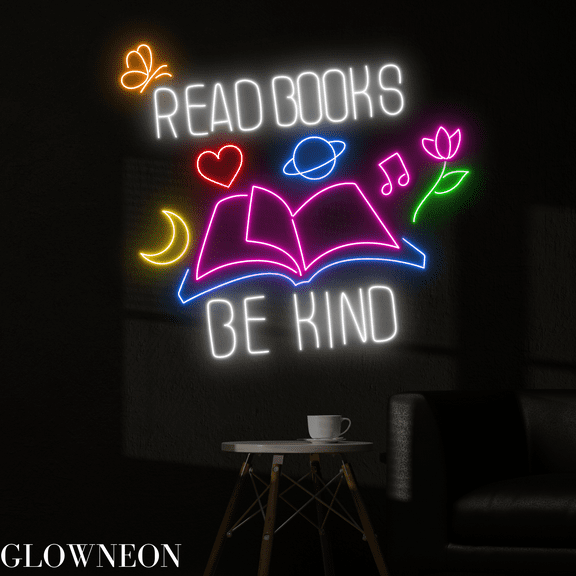 Glowneon Read Books Be Kind Neon Sign, Book Led Sign, Book Store Art