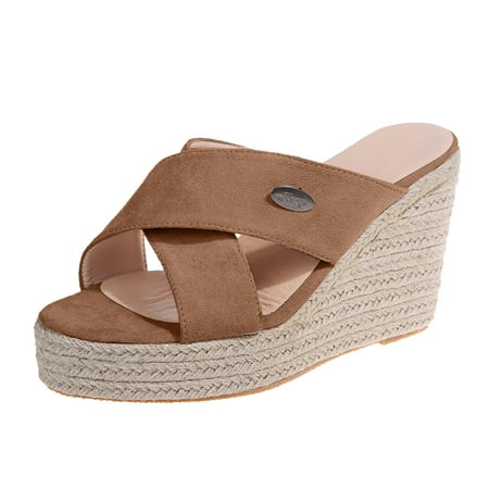 

Shpwfbe Slippers For Women S Fashion Wedges Platform Slip On Shoes Open Toe Cross Flax Weave Slippers For Women Indoor And Outdoor Womens Slippers