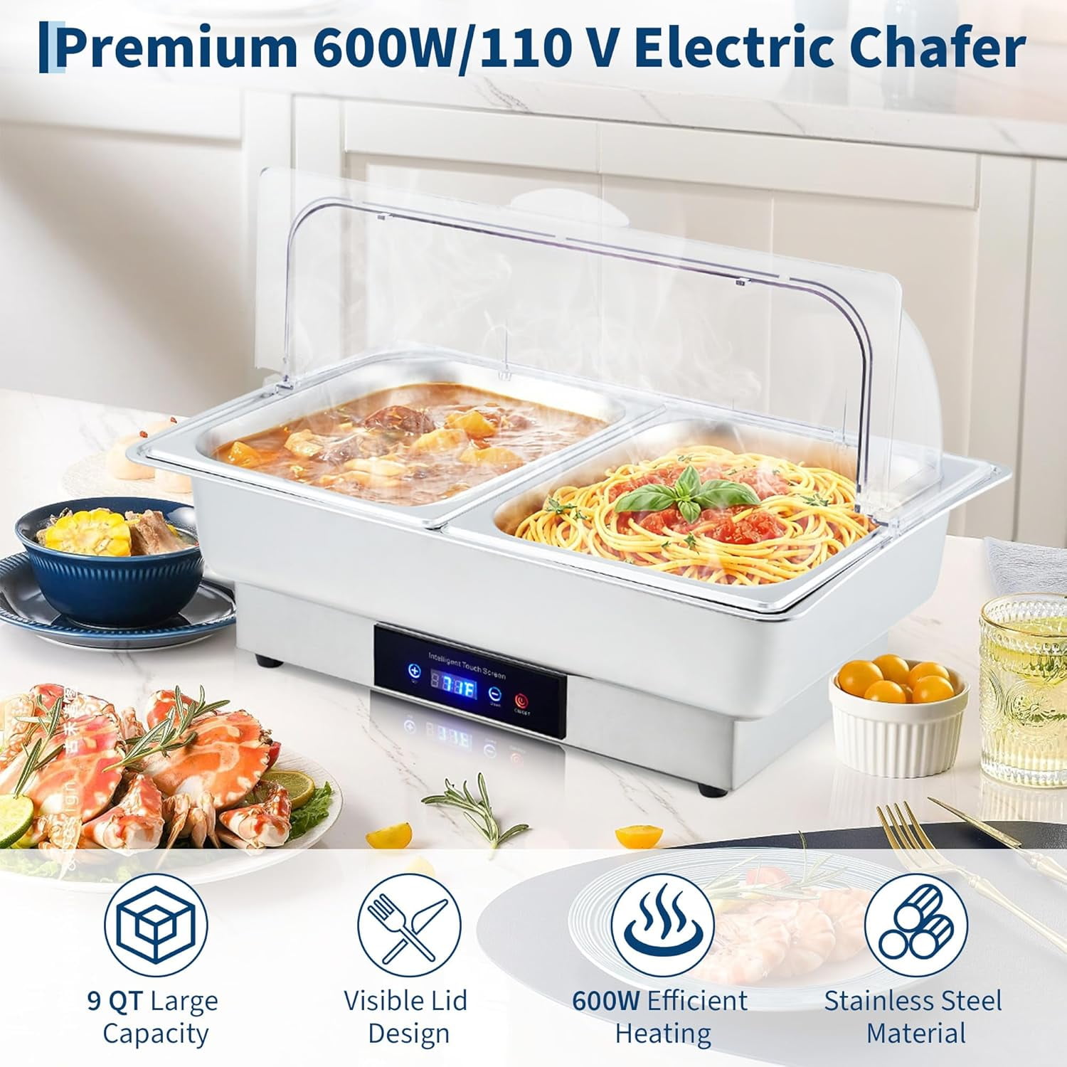 Electric Chafing Dish Buffet Set, 9 QT Stainless Steel Food Warmer with Temperature Control & Transparent Roll Top Lid, Catering Server for Parties, Banquets, Buffets, Keeping Food Warm & Fresh