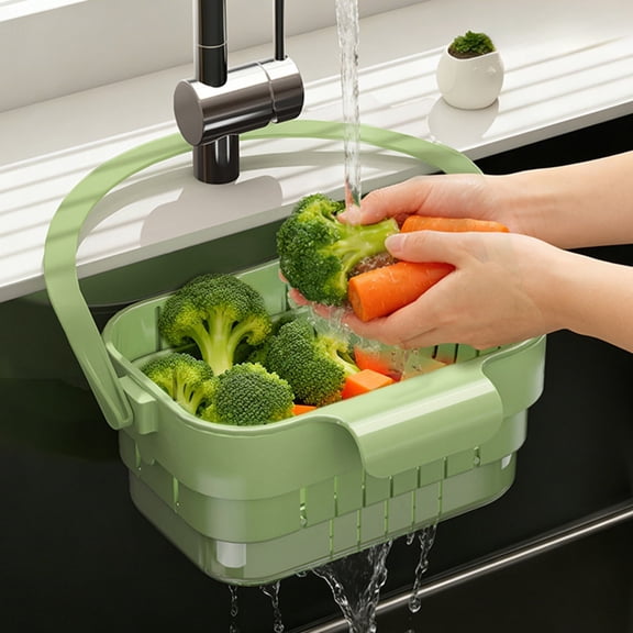 Hanging Sink Drain Basket Foldable Stretchable Kitchen Colander with Flip Cover Space Saving Food Strainer, Faucet Storage Rack Draining for Fruits Vegetables