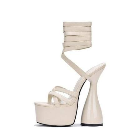 

Cape Robbin JULEE White Super High Heel Platform Strappy Cone Heel Sandals Pumps (OFF WHITE 9)