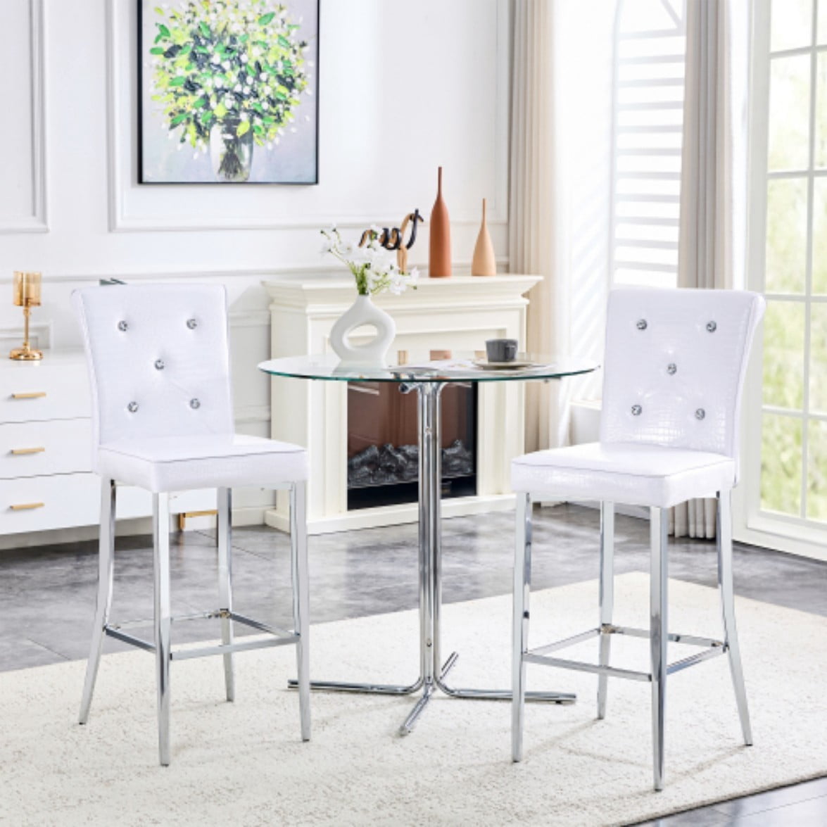 Set of 2 Vintage Bar Chairs, Faux Crocodile Leather Upholstered Stools with Crystal Button Details, Adjustable Feet for Kitchen Island & Bar, White & Silver