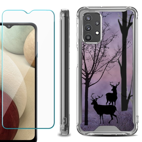 Shockproof Bumper Phone Case for Samsung Galaxy A32 5G, with Tempered Glass Screen Protector, by OneToughShield ® - Forest/Deer/Twilight