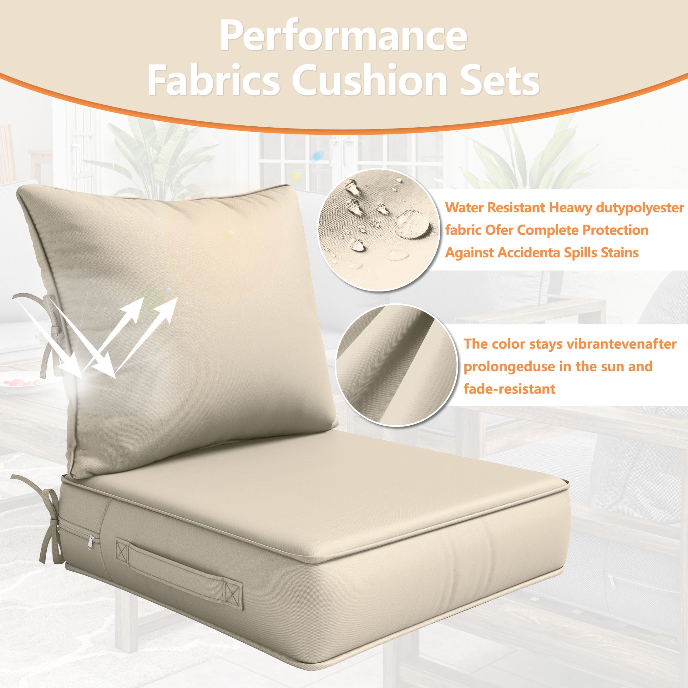Kimunuk Outdoor Deep Seat Cushion Set for Patio Furniture, Splash-Proof & Fade Resistant, 24" L X 24" W X 5" H, Cream