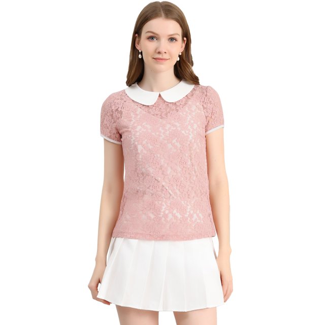 INSPIRE CHIC Hauts à Manches Courtes pour Femmes avec Col Contrasté en Dentelle Transparente Orange Rose G