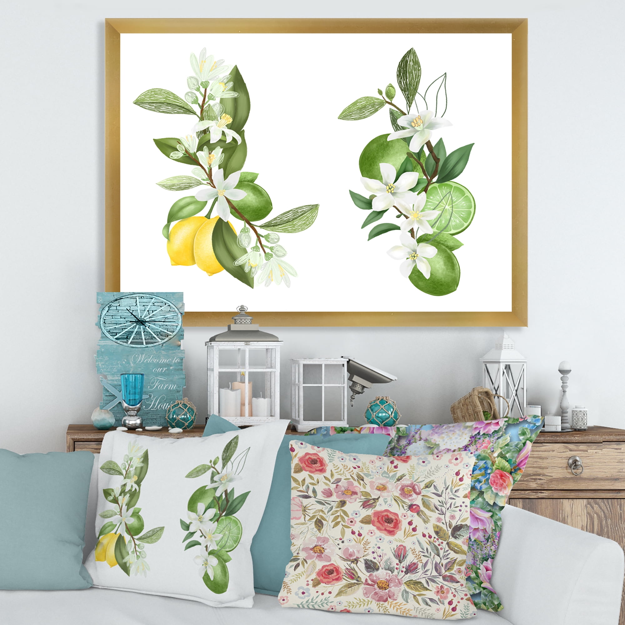 Designart 'Bouquets Of Blooming Lemon Tree Branches on White' Traditional Framed Art Print