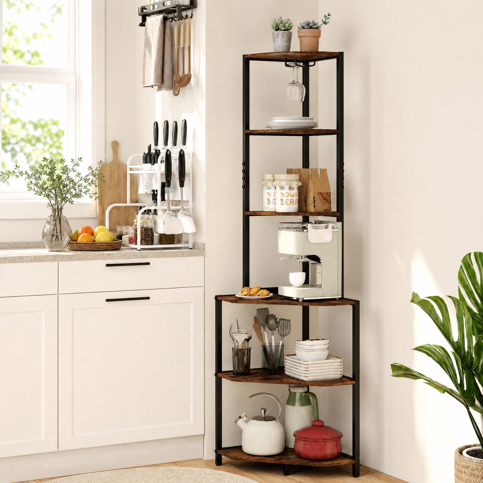 Furnibear 65 Inch 6-Tier Corner Shelf with Charging Station and Ambience Light for Living Room Home Office Bedroom Display Storage Shelf, Rustic Brown