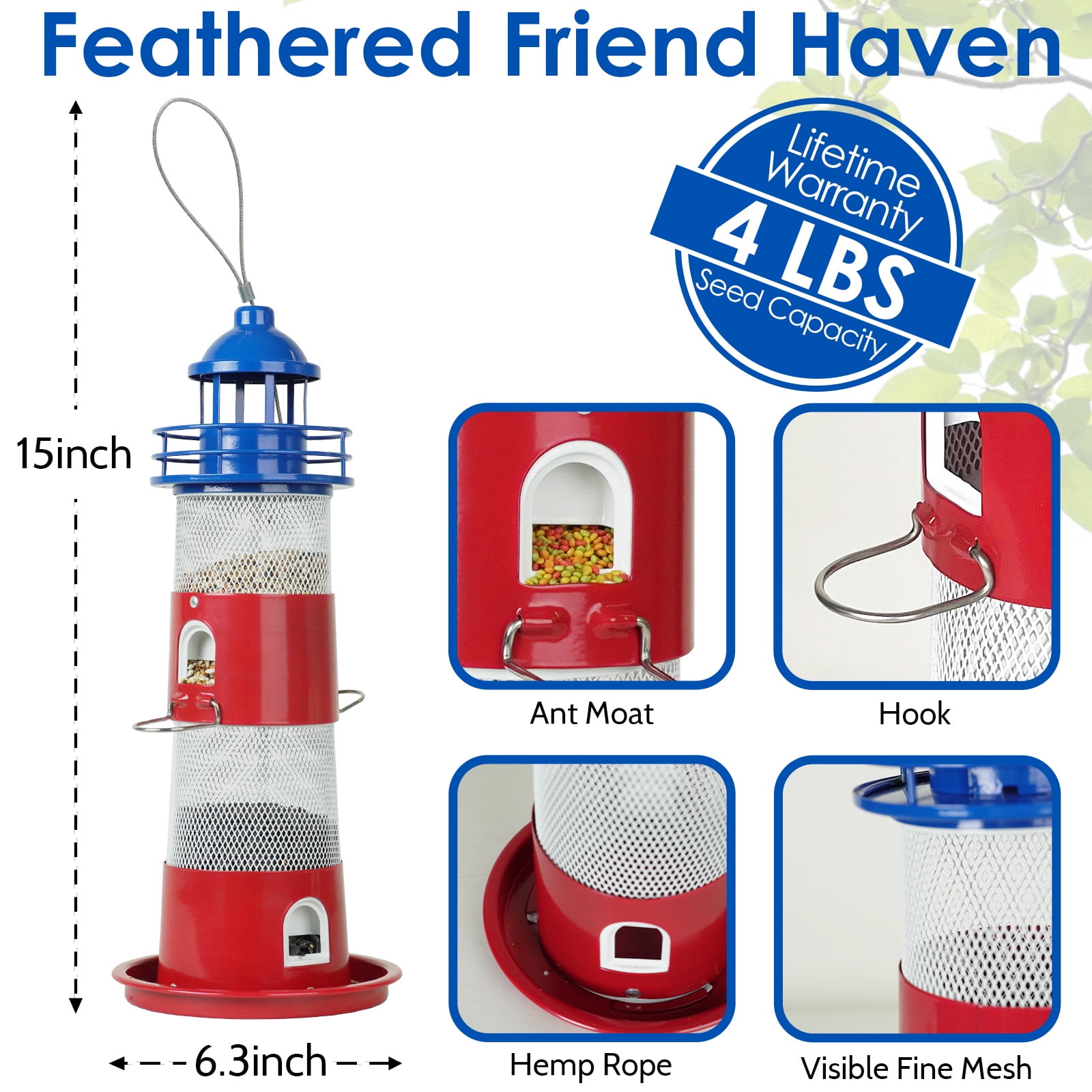 Birdkiss Wild Bird Feeder for Outdoors Hanging, Metal Squirrel-Proof Bird Seed Feeder with 4 lbs Large Capacity Layerable for Cardinal, Finch, Sparrow, Blue Jay - Blue & Red