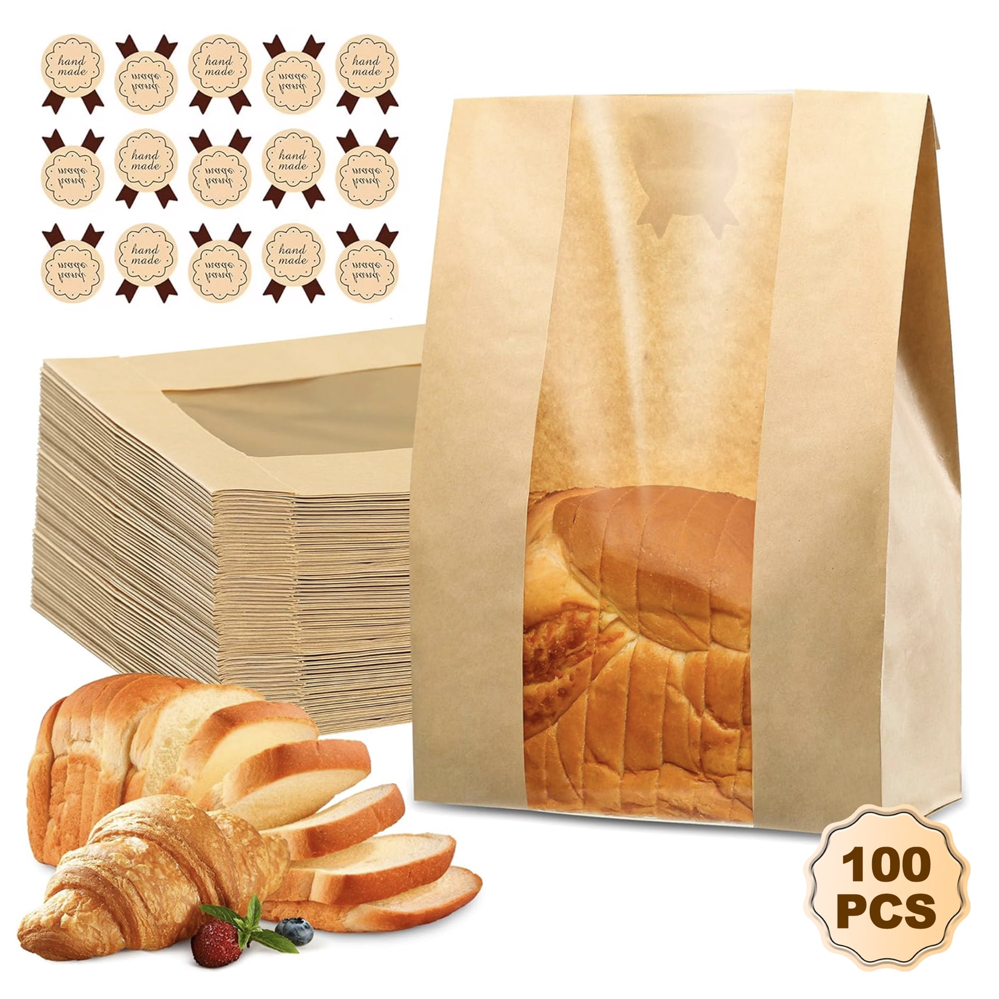 50Pcs Brown Paper Bakery Bags With Window - 8.2x3.5x13.7in For Bread, Cookies, Candy, Homemade Goods