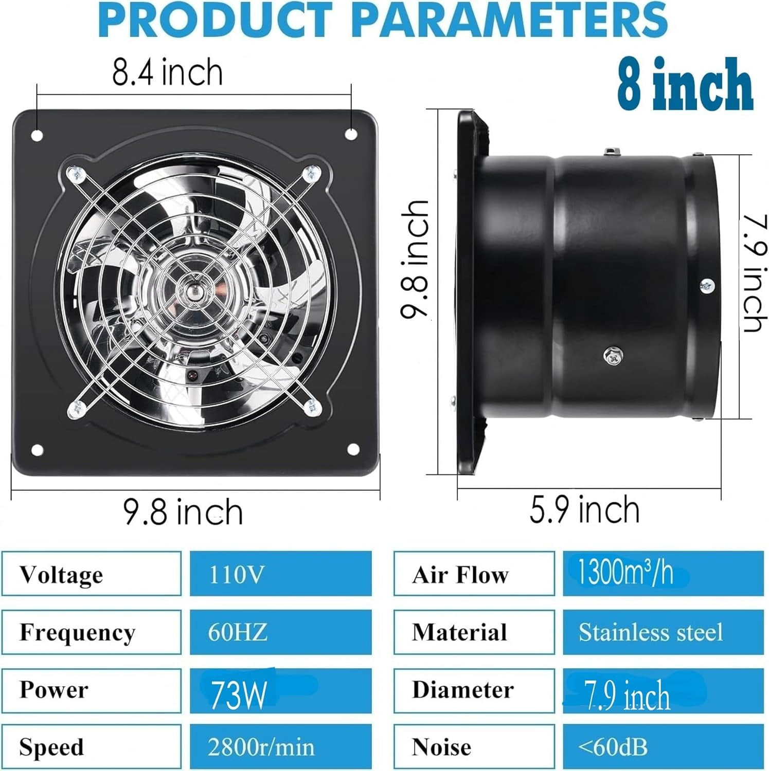 8 inch Exhaust FanThrough-wall installation Ventilation Fan 110V Exhaust Smoke Fan Ventilation with Power Cord for Kitchen,Bathroom,laundry room,Toilets,Garage (Black)