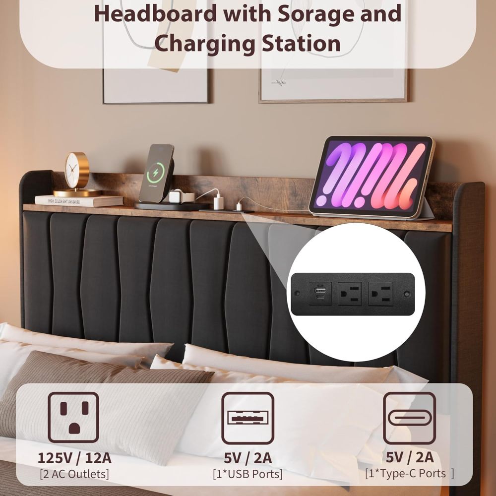 Eastvita Full/Queen/King Size Bed Frame, Floating Platform Bed with Headboard, LED Lights, Charging Ports, Modern Upholstered Bed Frame with Sturdy Wood Slats, No Box Spring Needed, Easy Assembly