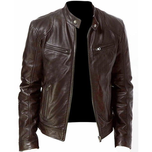 Chaqueta de cuero delgada con cuello de cuero PU y bolsillo tipo cárdigan con cremallera de gran tamaño para hombre