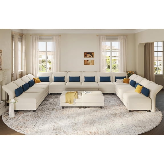 LLappuil 179" Modular Sectional Sofa, 14 Seat Modular Sectional Sofa with 2 Storage Ottoman, 25.6“ Seat Deep Sofa White