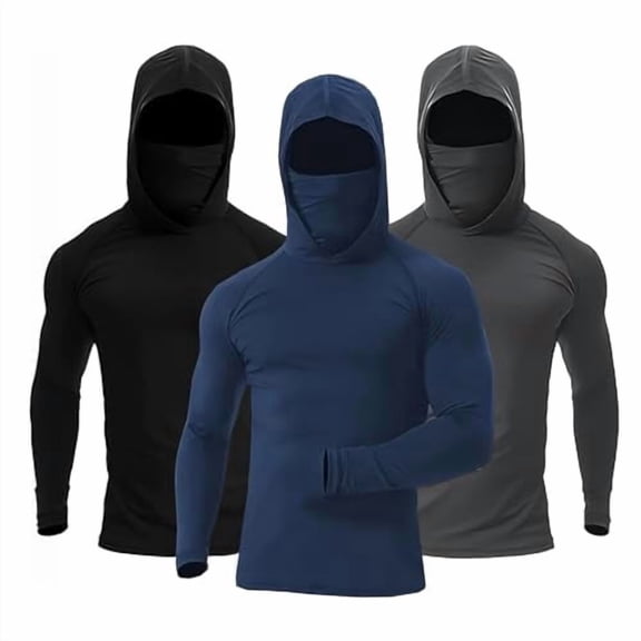 3 Pack Mens Sun Protection Fishing Hoodie with Face Mask UPF 50 Long Sleeve Compression Work Shirt Quick Dry, Black, Blue, X-Large