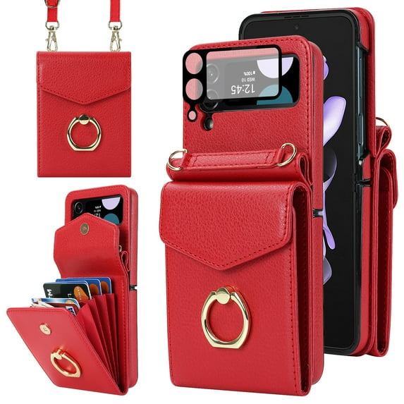 Allytech Galaxy Z Flip 4 Case + 1 Pcs Camera Lens Screen Protector, Multiple Cards Holder Ring Stand Crossbody Shoulder Strap Wallet Case Cover for Samsung Galaxy Z Flip 4 5G - Red
