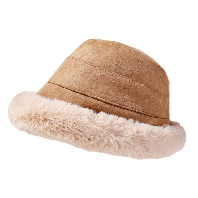 Sombrero Cloche de lana cálido para mujer, sombreros de cubo de invierno sólidos, sombrero de cubo grueso para mujer, gorro de piel sintética suave plegable de Color sólido cálido de invierno