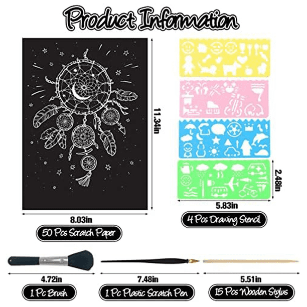 SHOWERORO 55 Pcs Papier à Gratter avec Stylet en Bois pour Activités Créatives, Planches à Dessin Amusantes pour les Mains