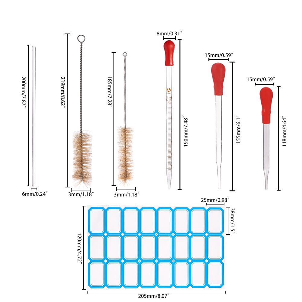 1set Glass Measuring Cups Graduated Tube Glass Dropper Transfer Graduated Pipettes and Length Chemistry Test Tube Bottle Wash Cleaning Brush Clear 30x21.5x5cm Glass