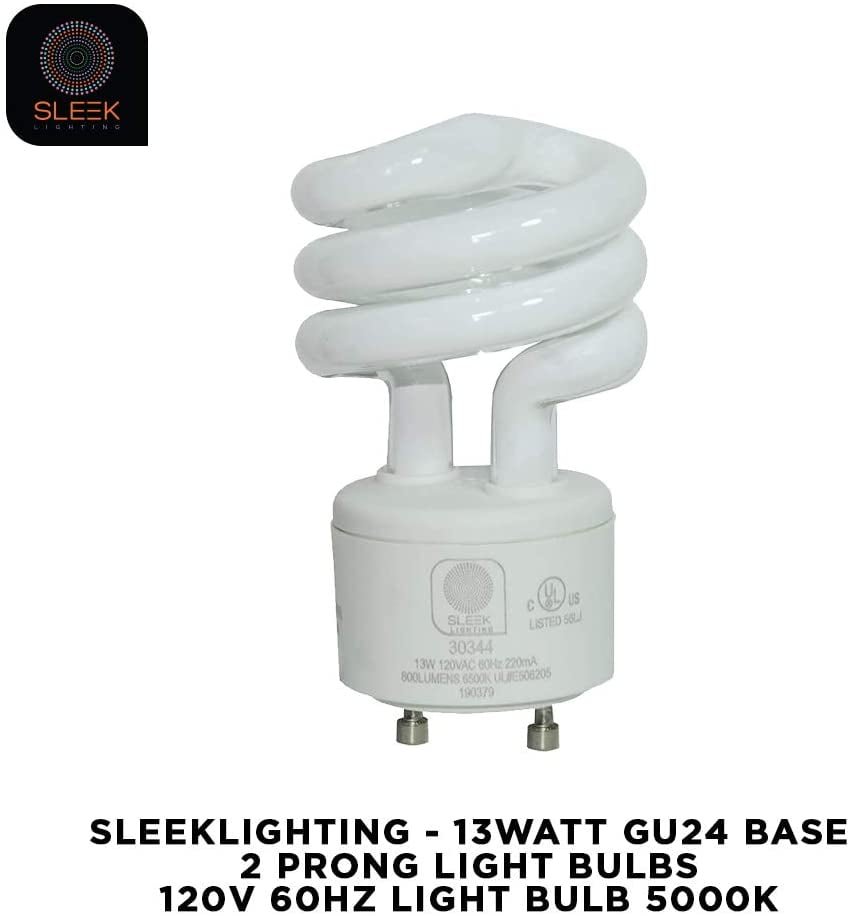 4pack SleekLighting GU24 Base 13Watt UL Listed T2 Mini Twist Spiral Two Prong Twist CFL Light Bulb 2 Pin 6500K 800lm