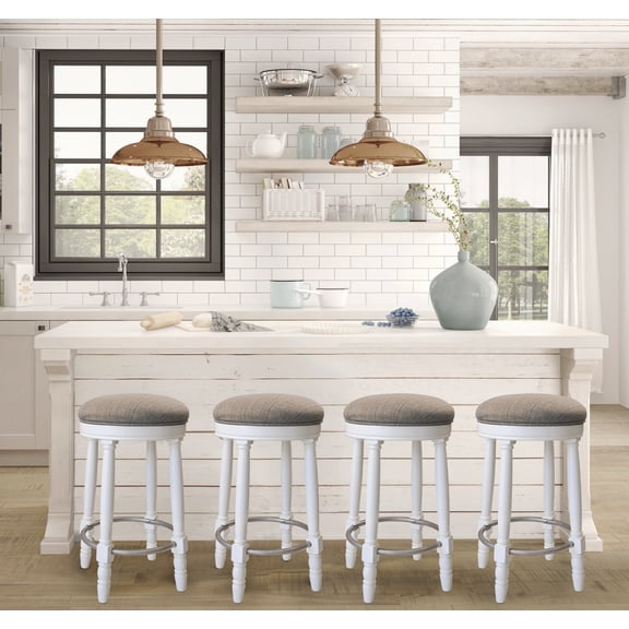 AGODY Bar Stools Set of 2, 26" Counter Height, 360° Swivel Wooden Barstool with Fabric Upholstered Seat, WHITE Finish, Stylish Accent for Kitchen, Dining, and Living Room