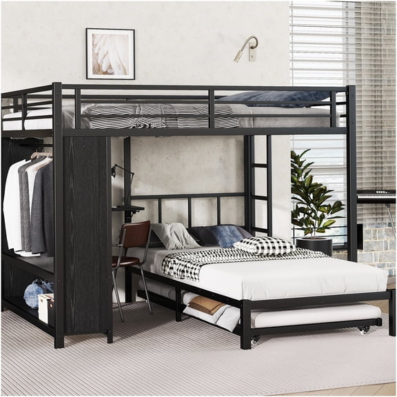 Queen Size over Twin Bunk Bed with Wardrobe, Desk and Trundle, Space Saving Metal Bunkbed Frame with Guard Rails for Safety, Black