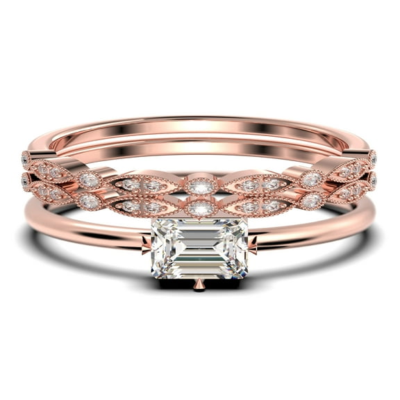 Beautiful Minimalist 1.70 Carat Baguette Cut Diamond Moissanite Engagement Ring, Classic Wedding Ring in 925 Sterling Silver With 18k Rose Gold Plating, Trio Set, Matching Band