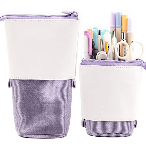 KOMI Telescopic Pencil Bag Pen Holder Stationery Case, PU Corduroy Stand-up Retractable Transformer Bag Colorful Organizer, Great for Christmas Holiday Purple