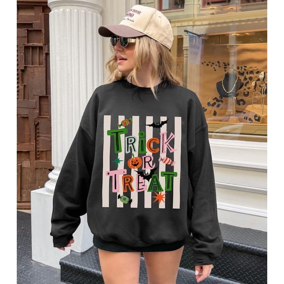 Striped Trick or Treat Halloween Sweatshirt, Retro Spooky Season Crewneck, Candy Pumpkin Bat Graphic Fall Jumper, Trendy October Outfit Gift