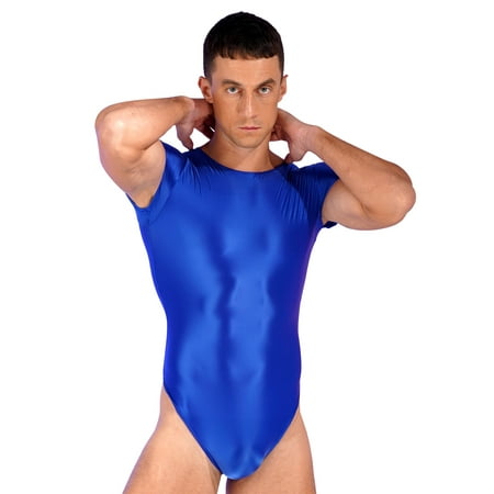 YIZYIF Mens Glossy High Cut Bodysuit Ballet Gymnastics Fitness Sportswear Tight Oil Short Sleeve Thong Leotard Blue L