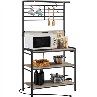 SMILE MART 64"H Kitchen Baker's Rack with Power Outlet for Kitchen 4-tier and 5 S hooks, Gray