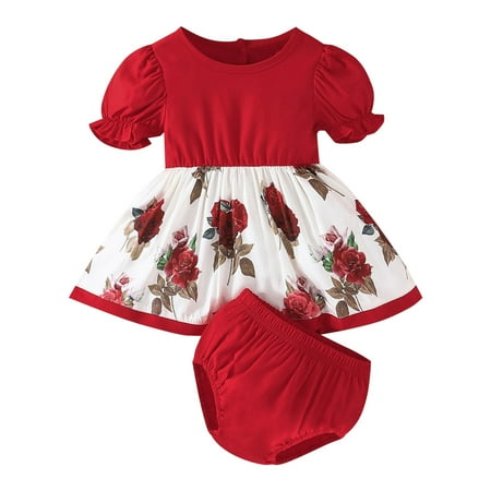 

BJUTIR Toddler Girl Bodysuit Onesie Flower Print Dress Briefs Suit Summer Puffed Sleeves A Swing Briefs Suit 2Pcs