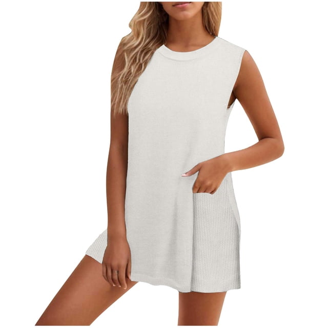 Timegard Ensembles 2 Pcs pour Femmes Col Ras du Cou Mi-Long Débardeur Shorts Décontractés Confortables Tenues en Tricot Mode d'Été