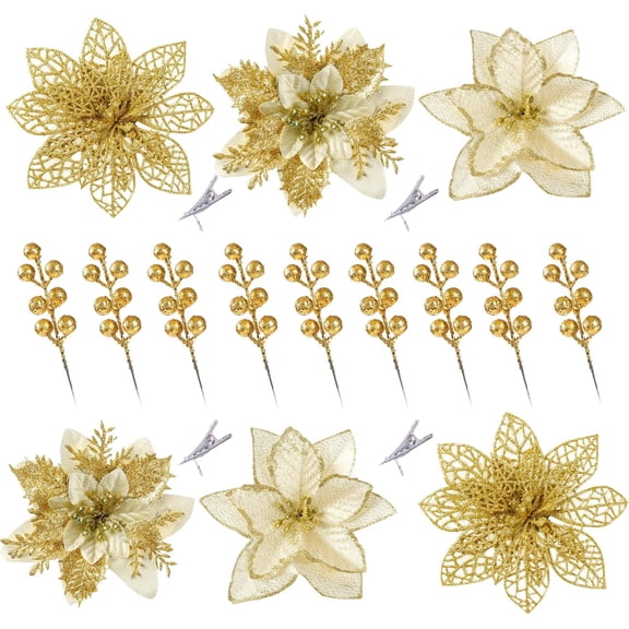 30 Pcs 3 Styles Christmas Glitter Poinsettia Flowers Artificial Berry Picks Christmas Tree Ornaments Artificial Christmas Flowers with Clips for Xmas Wedding Wreath Floral Decorations